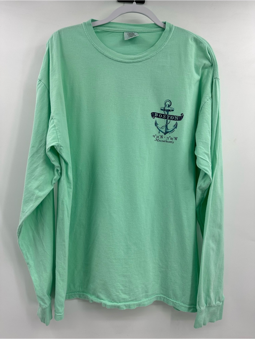 Comfort Colors Boston Mint Green Long-Sleeve Tee with Navy Anchor Compass